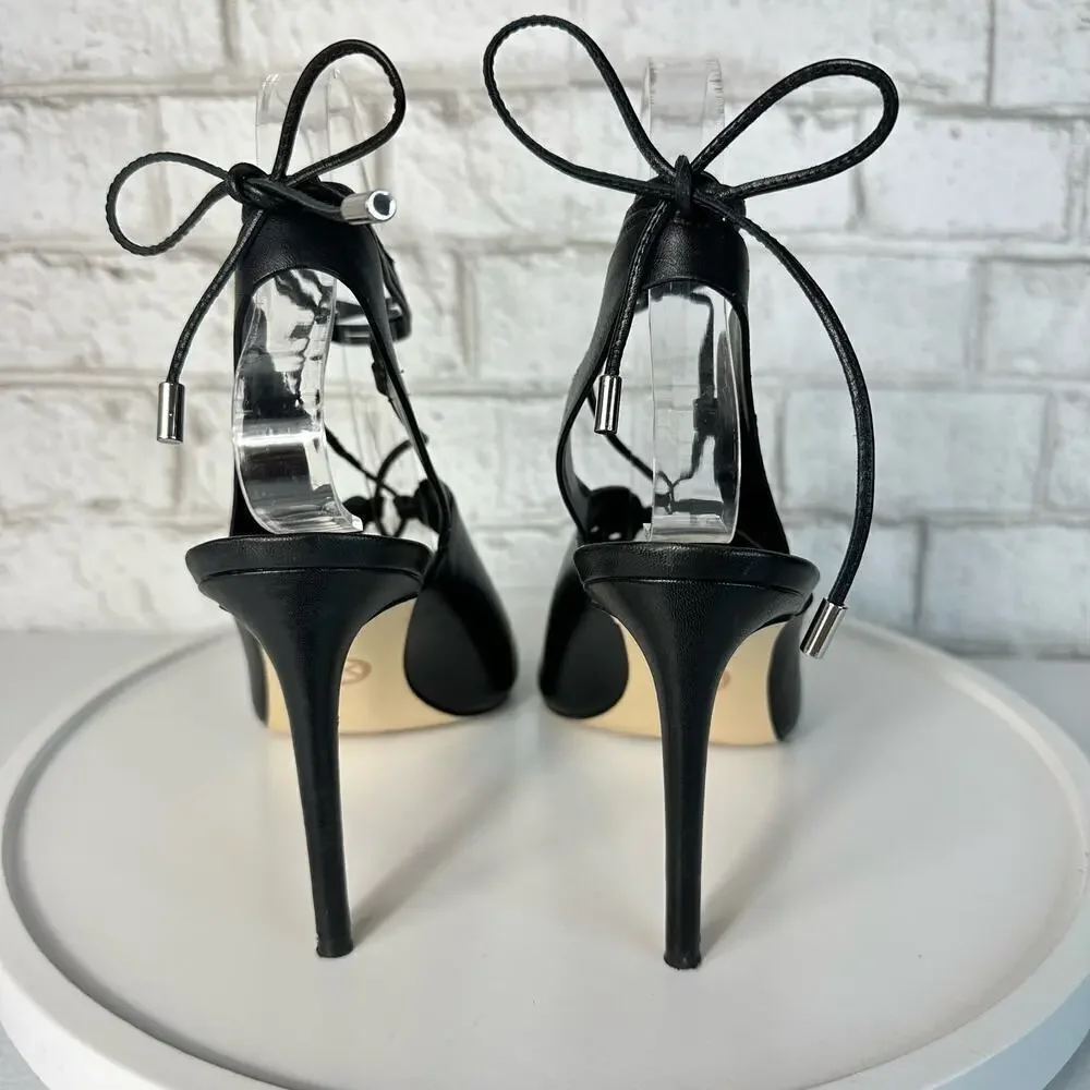 Michael Kors Black Heels Thalia Ankle Wrap Strappy Pump Stiletto Open Toe 7.5 38